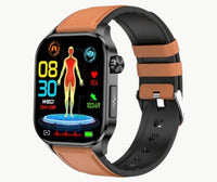 A glucose monitor watch displaying health data