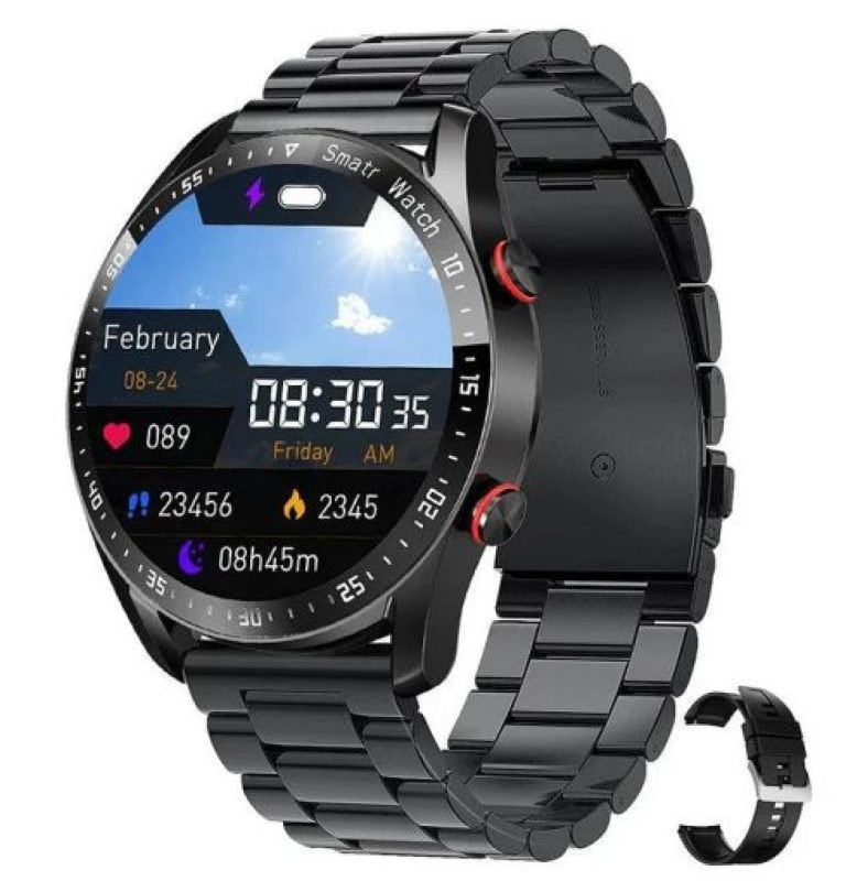 A modern smartwatch with fitness tracker features and heart rate monitor