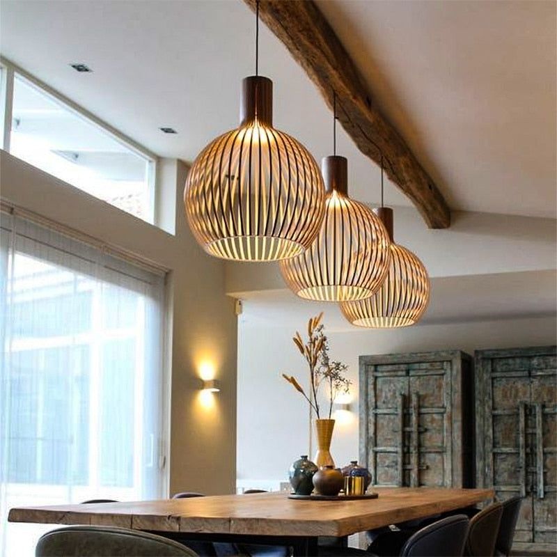 Stylish wooden pendant light providing ambient lighting in a modern room