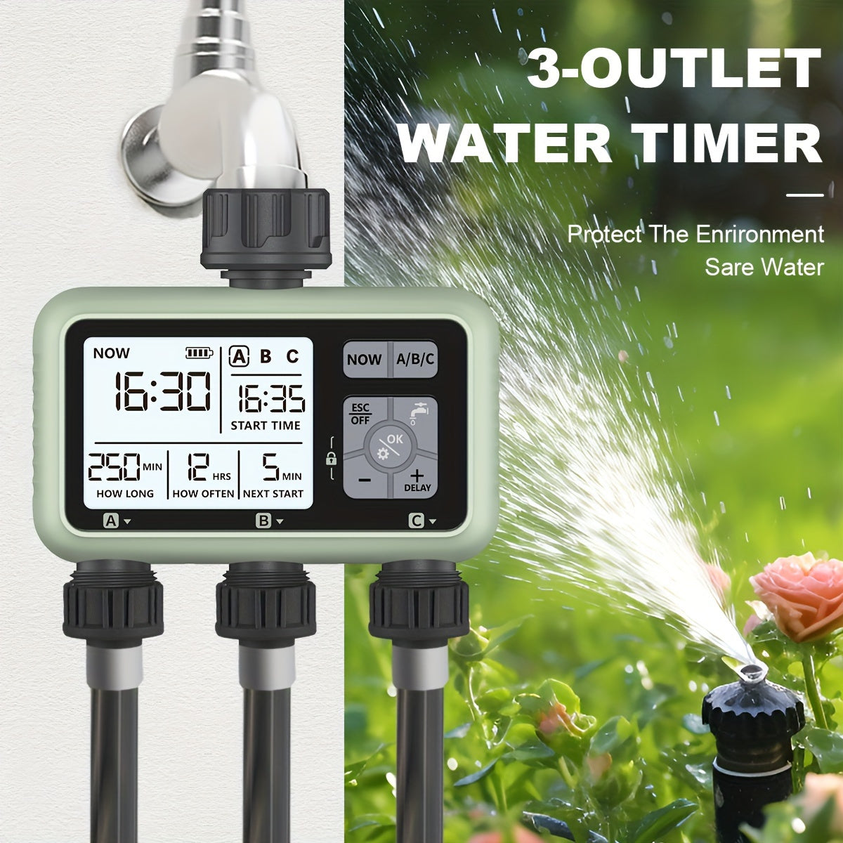 Cauzac™ 3-Way Adjustable Water Timer with Program Control – Battery Operated, Ideal for Garden Irrigation and Plant Cultivation
