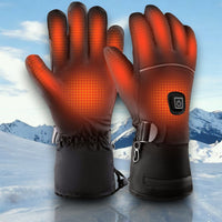 A pair of heated winter gloves designed for skiing and cycling, featuring waterproof and thermal properties