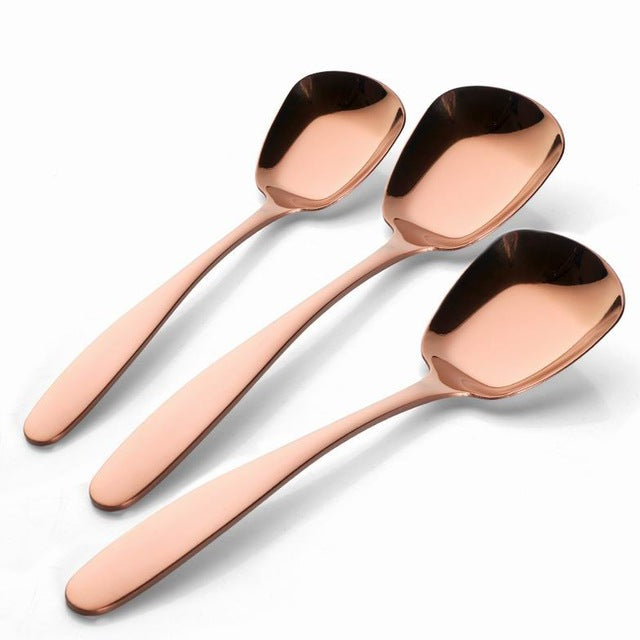 Cauzac™ Elegant Gold-Accented Serving Spoon Set – 3-Piece Stainless Steel Collection