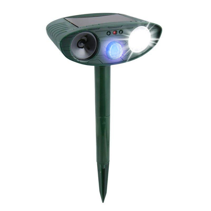 Solar ultrasonic deer deterrent used as a garden protector and animal repellent