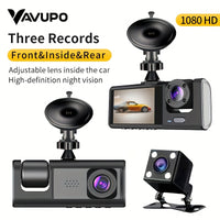 Cauzac™ 1080P Triple Dash Cam for Cars - Front, Inside & Rear View with IR Night Vision, Loop Recording, Wide Angle Lens, and 2-Inch IPS Screen