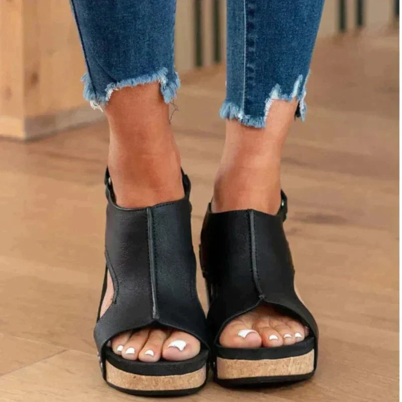 Cauzac™ Women's Leather Comfort Sandal with Wedge Heel and Open Toe