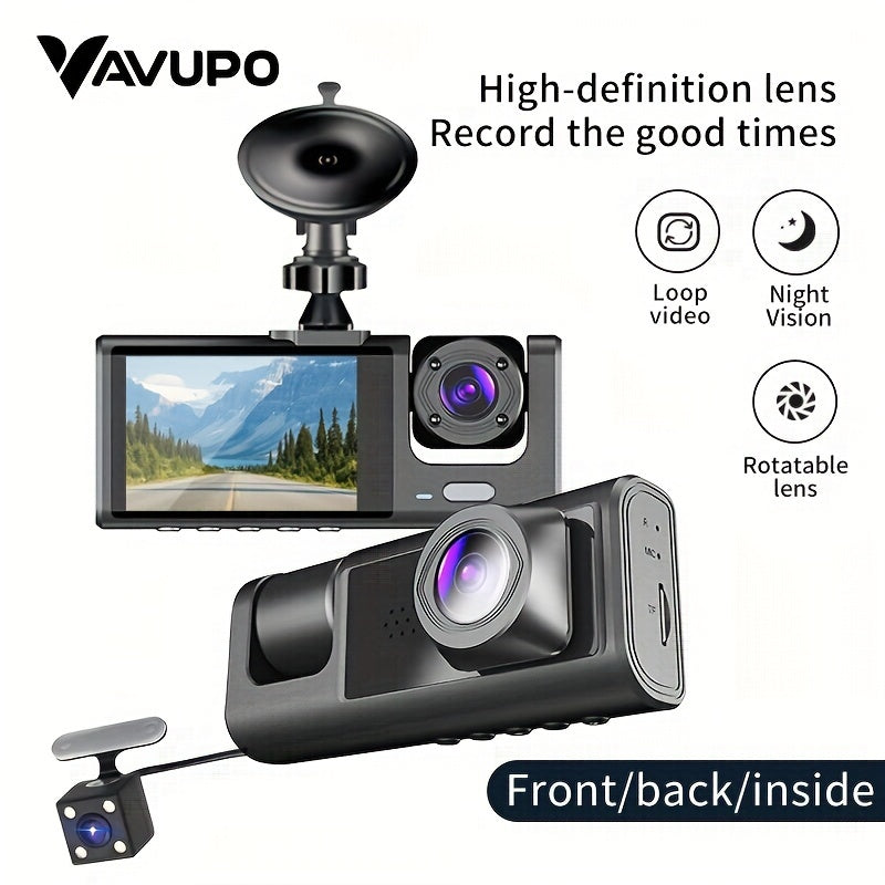 Cauzac™ 1080P Triple Dash Cam for Cars - Front, Inside & Rear View with IR Night Vision, Loop Recording, Wide Angle Lens, and 2-Inch IPS Screen