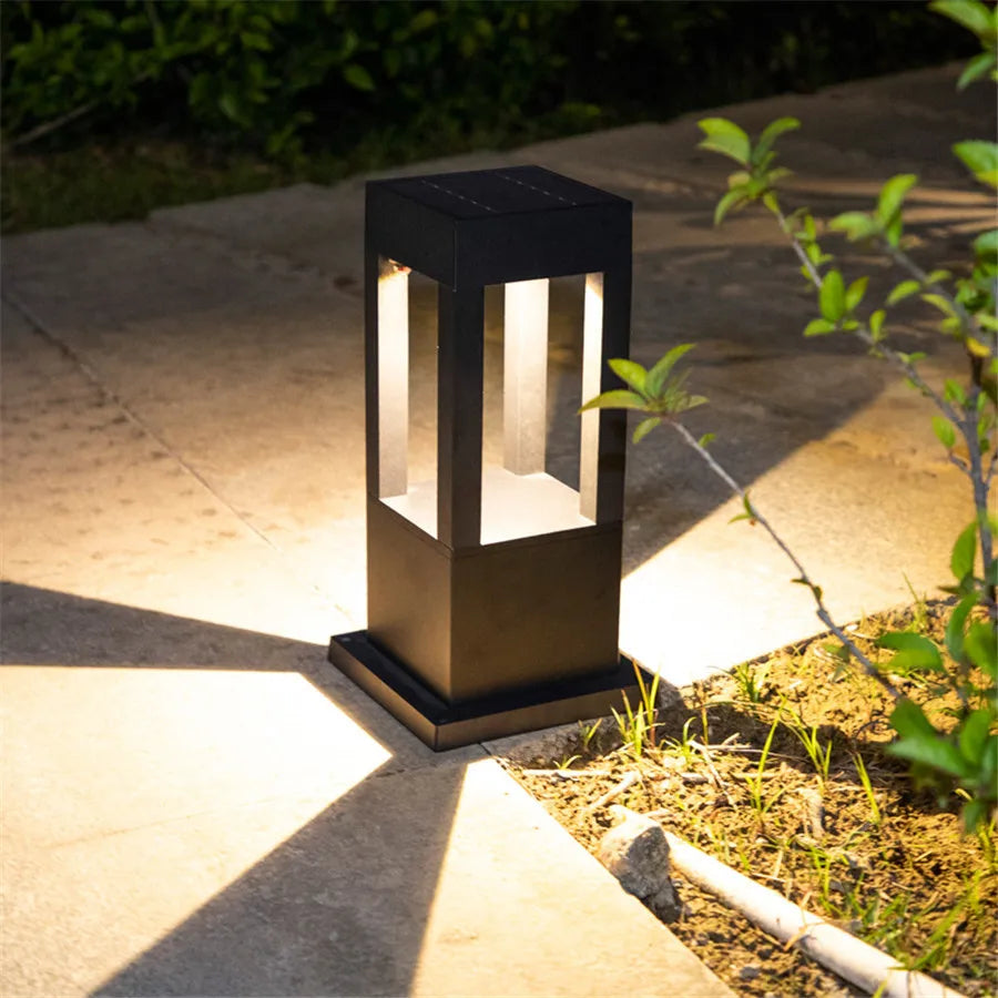 Outdoor solar lamp with waterproof design illuminating a garden