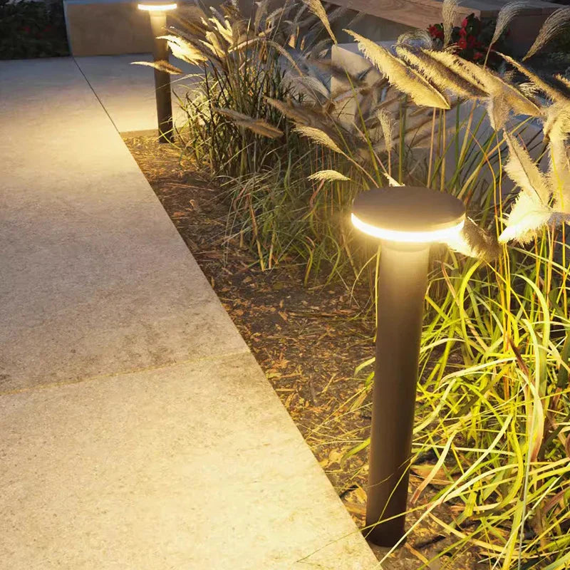 A modern outdoor garden lamp providing landscape lighting