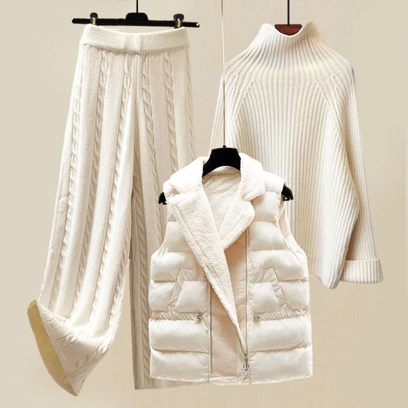 Women's winter outfit featuring a cable knit sweater and black turtleneck