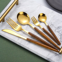 Cauzac™ Elegant Wooden Handle Gold Cutlery Set for Sophisticated Dining
