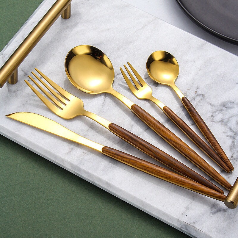 Cauzac™ Elegant Wooden Handle Gold Cutlery Set for Sophisticated Dining
