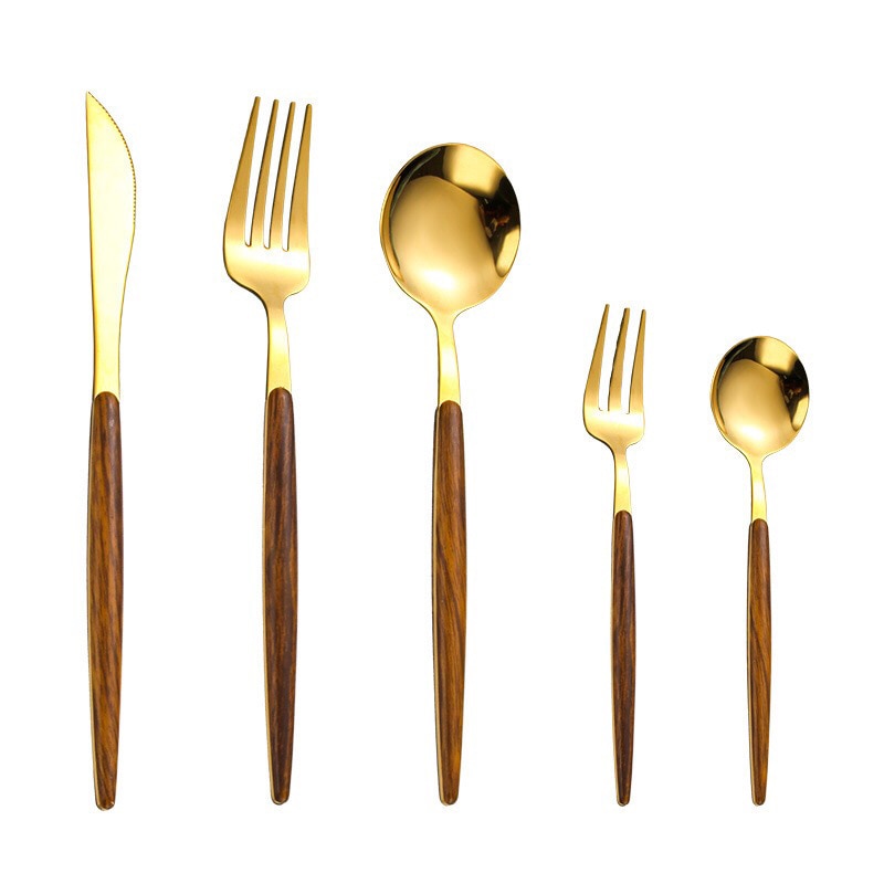 Cauzac™ Elegant Wooden Handle Gold Cutlery Set for Sophisticated Dining