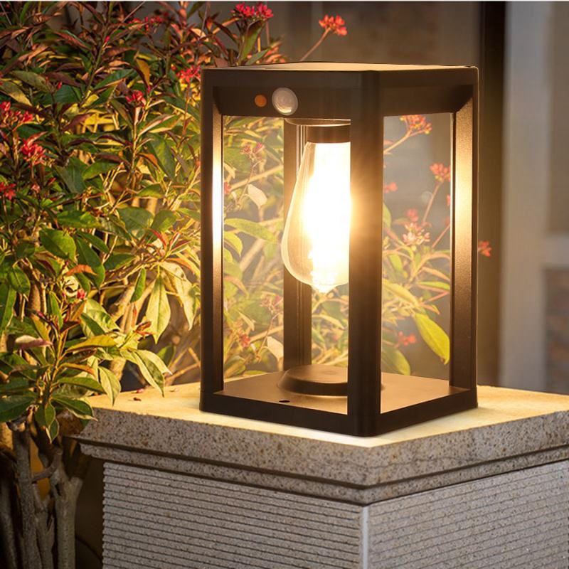 Outdoor solar lamp illuminating a garden with motion sensor feature