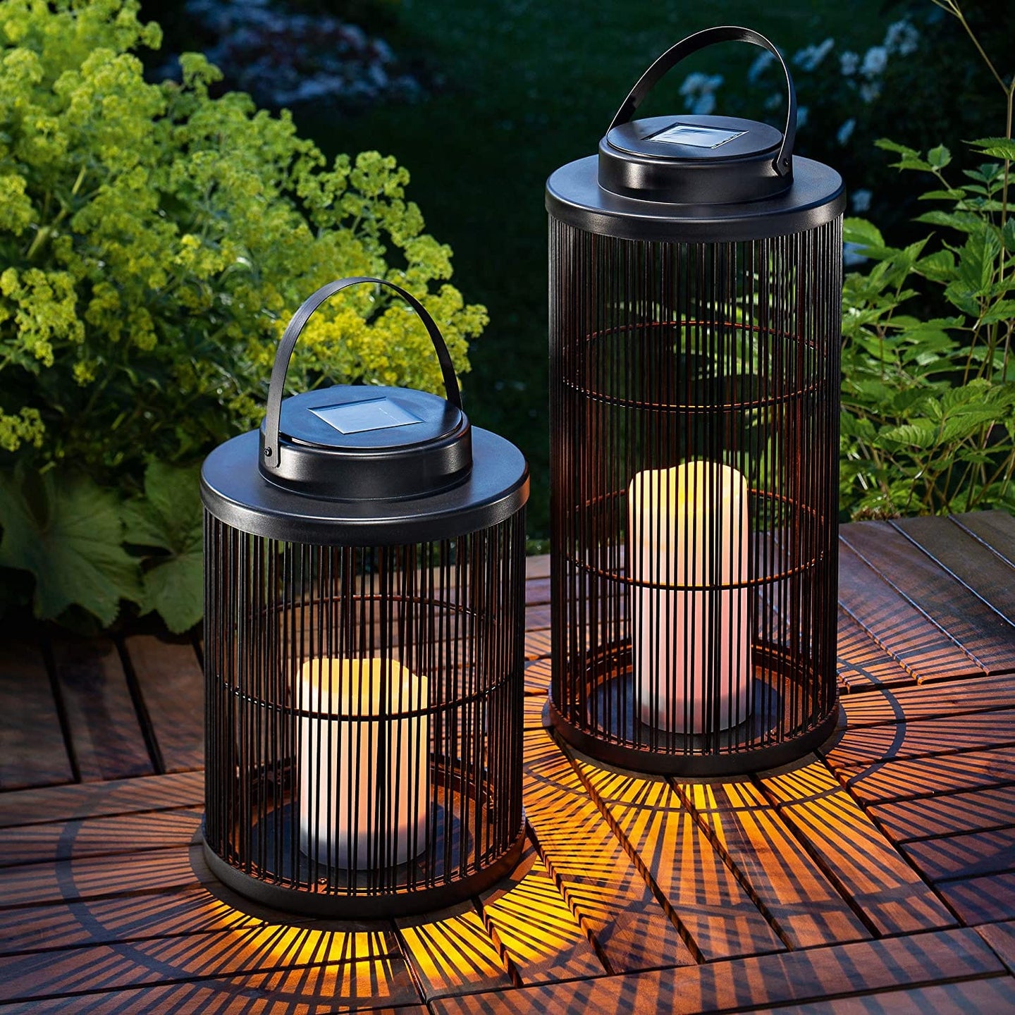 Solar lantern and outdoor solar light with a garden backdrop