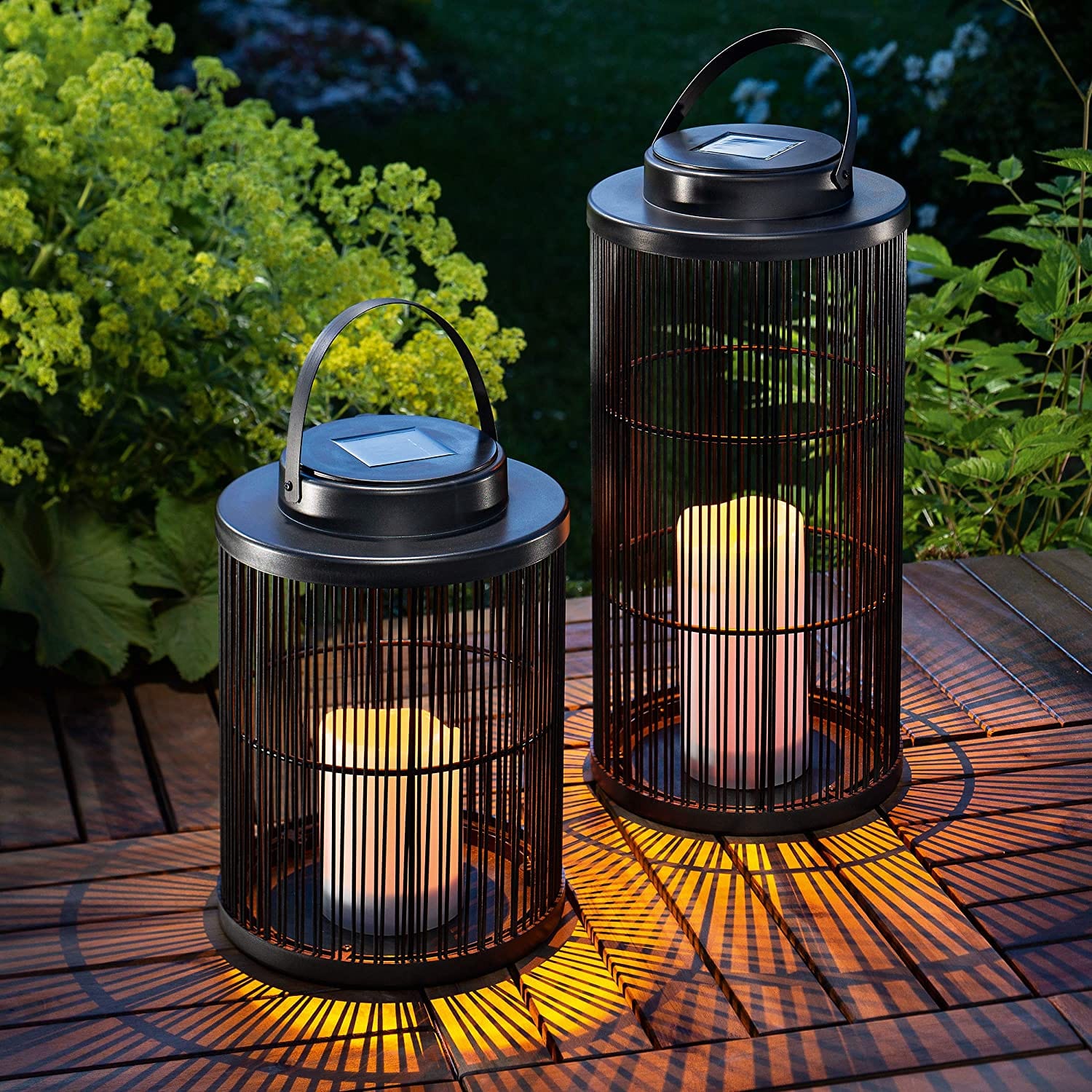 Solar lantern and outdoor solar light with a garden backdrop