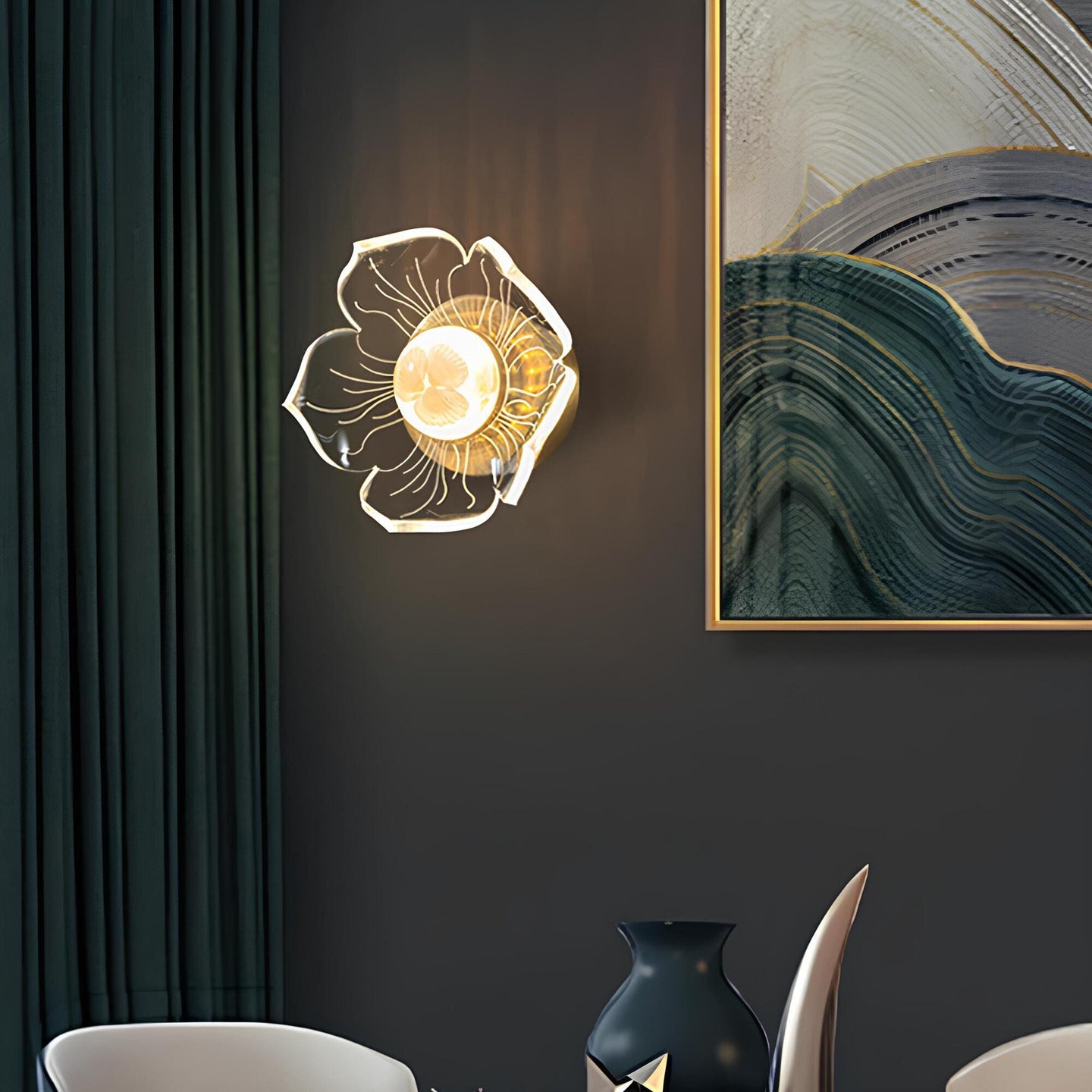 A modern LED wall light installed in a living room, showcasing decorative wall lighting