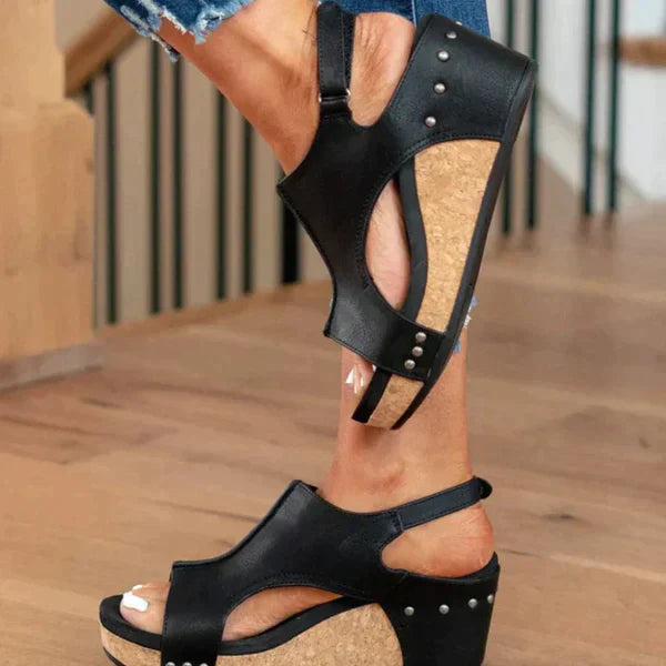 women's black wedge sandals comfortable chunky heel with arch support for summer