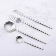Elegant silver and stainless steel silverware cutlery set on display