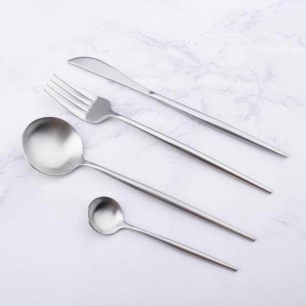 Elegant silver and stainless steel silverware cutlery set on display