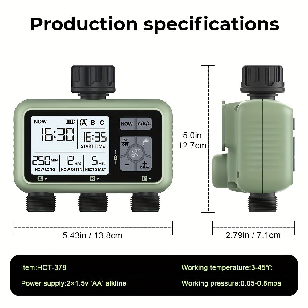 Cauzac™ 3-Way Adjustable Water Timer with Program Control – Battery Operated, Ideal for Garden Irrigation and Plant Cultivation