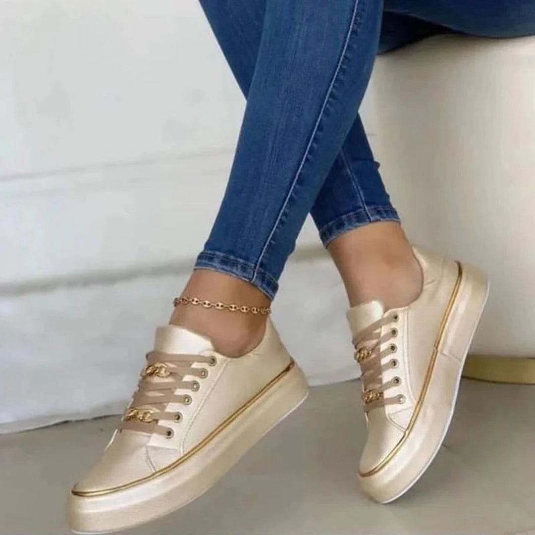 Cauzac™ Women's Stylish White Trainers with Chic Gold Accent