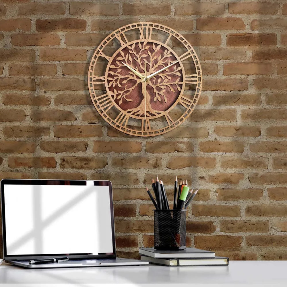 Cauzac™ Rustic Wooden Wall Clock with Timeless Tree of Life Design