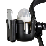 Stroller phone holder with integrated cup holder, black finish.