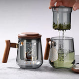 Cauzac™ Premium Glass Tea Mug with Filter and Wooden Handle, 470ml