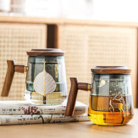 Cauzac™ Premium Glass Tea Mug with Filter and Wooden Handle, 470ml