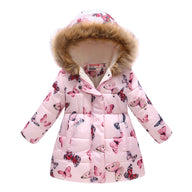 Girls wearing warm windproof jacket with butterfly motifs.
