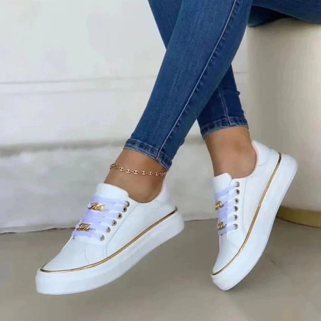 Cauzac™ Women's Stylish White Trainers with Chic Gold Accent