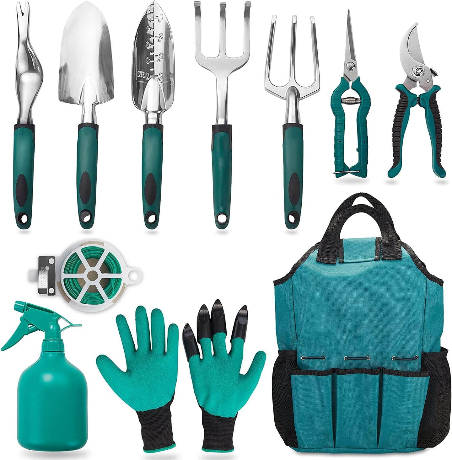 Complete gardening tool set with hand tools, gloves, pruning shears, and weed puller