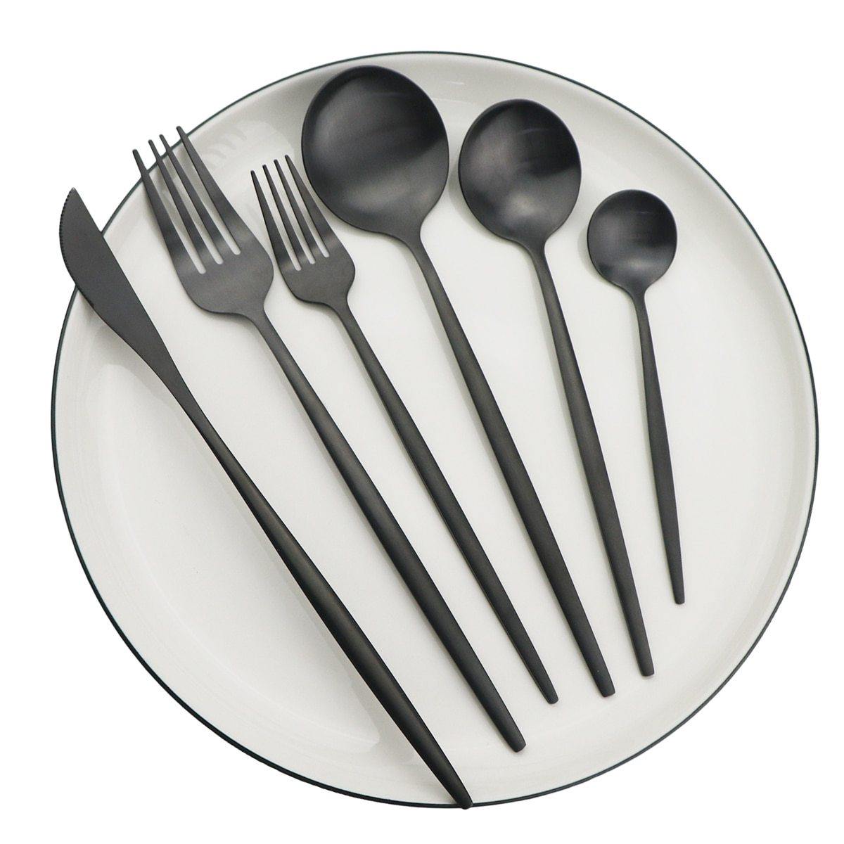 Cutlery Set Including Black, Silver, And Stainless Steel Variants