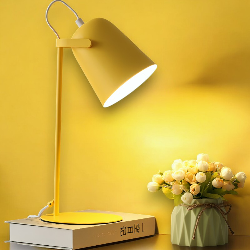 Colorful table lamp with plug-in option ideal for reading on a bedside or desk