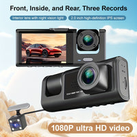 Cauzac™ 1080P Triple Dash Cam for Cars - Front, Inside & Rear View with IR Night Vision, Loop Recording, Wide Angle Lens, and 2-Inch IPS Screen