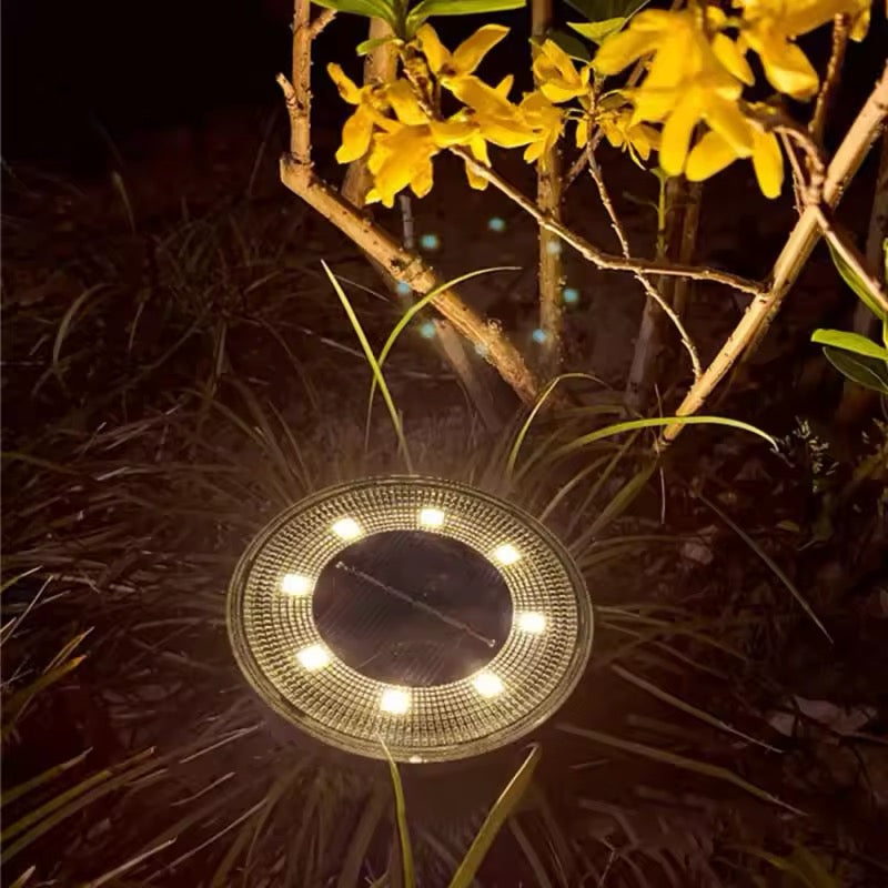 Solar garden light illuminating a pathway