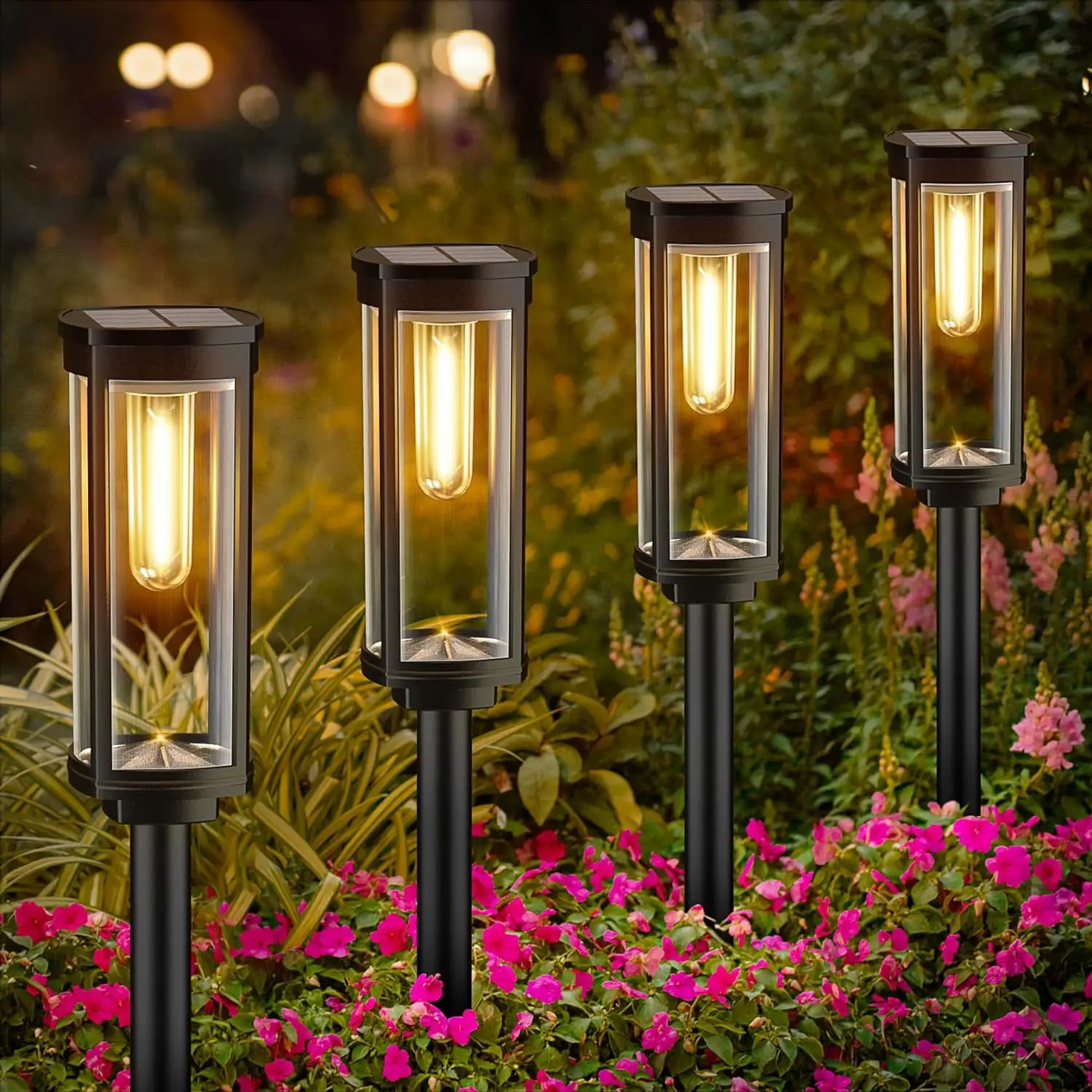 Solar garden lantern illuminating a garden pathway