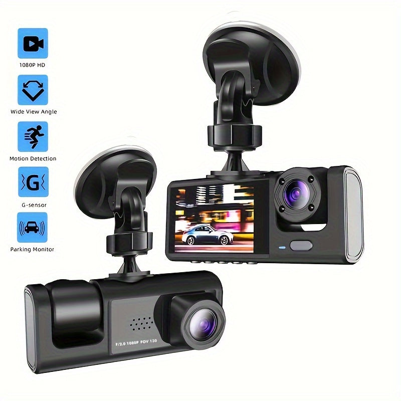 Cauzac™ 1080P Triple Dash Cam for Cars - Front, Inside & Rear View with IR Night Vision, Loop Recording, Wide Angle Lens, and 2-Inch IPS Screen