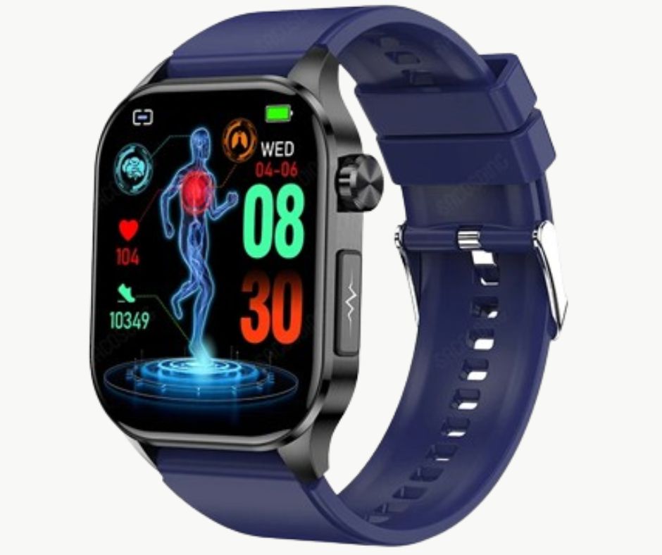 A glucose monitor watch displaying health data