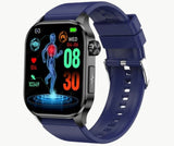 A glucose monitor watch displaying health data