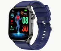 A glucose monitor watch displaying health data