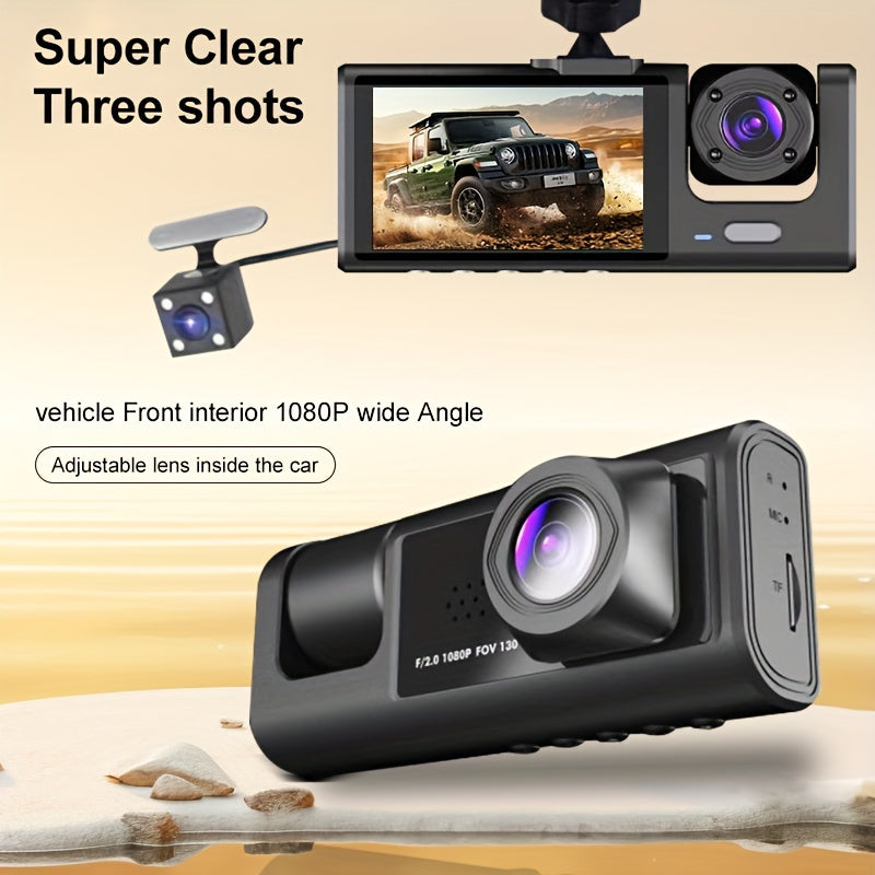 Cauzac™ 1080P Triple Dash Cam for Cars - Front, Inside & Rear View with IR Night Vision, Loop Recording, Wide Angle Lens, and 2-Inch IPS Screen