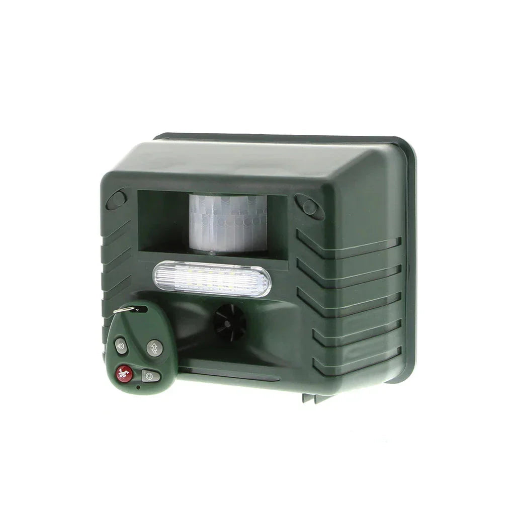 Solar-powered ultrasonic bird repeller for garden bird control and woodpecker deterrent