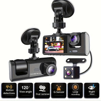car dash cam with front and rear coverage on dashboard