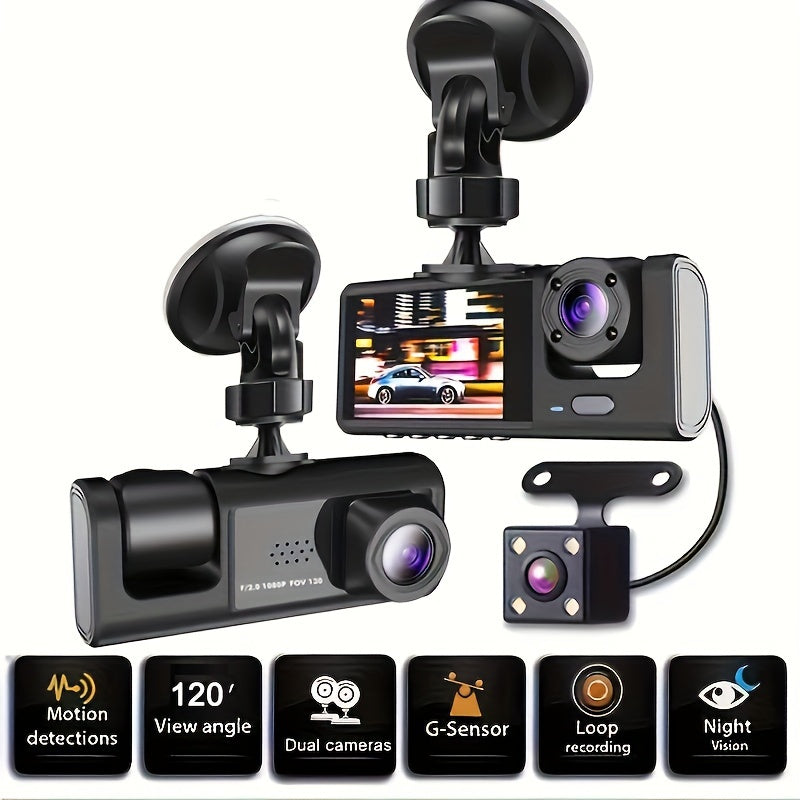 car dash cam with front and rear coverage on dashboard