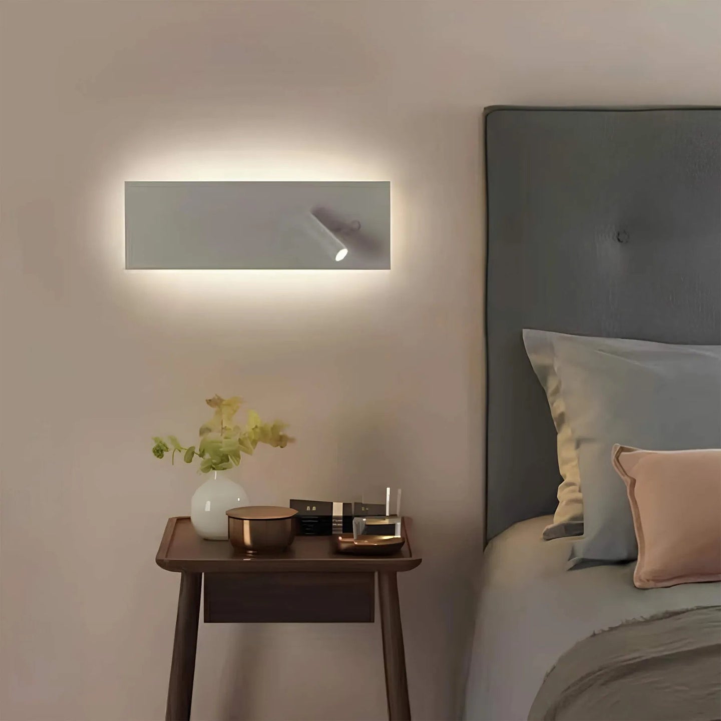 LED wall light setup in a Scandinavian-style bedroom