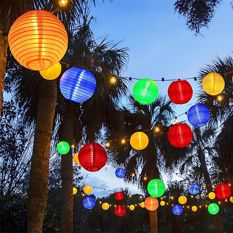 solar string lights and garden lanterns enhancing outdoor space