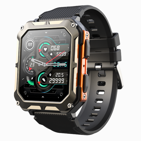 A modern fitness tracking watch displaying health metrics on its screen