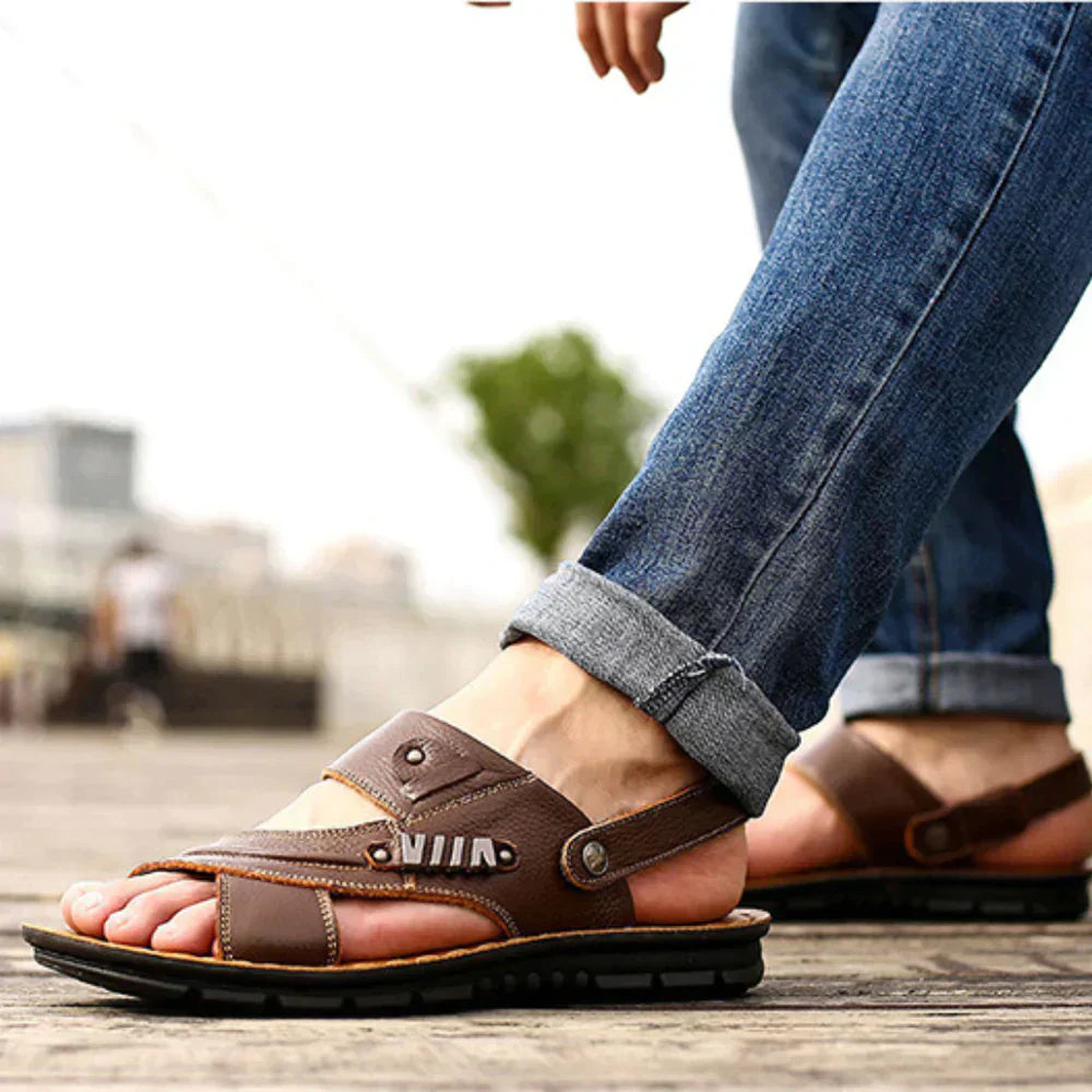 Cauzac™ Men's Leather Open-Toe Sandals with Cushioned Support & Adjustable Fit