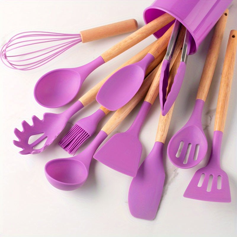 Cauzac™ Heat-Resistant Silicone Utensil Set with Elegant Wooden Handles